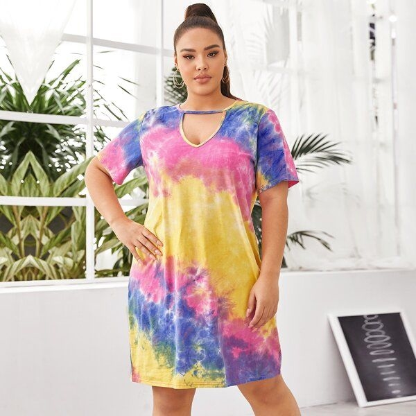 multicolor colorful tie dye  Keyhole Neckline Tee Dress