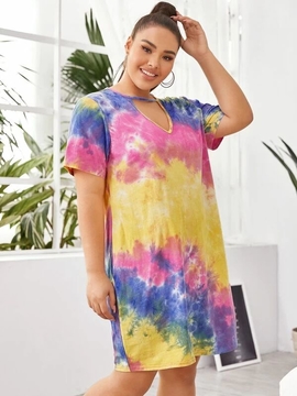 multicolor colorful tie dye  Keyhole Neckline Tee Dress