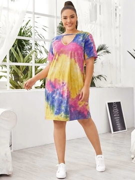 multicolor colorful tie dye  Keyhole Neckline Tee Dress